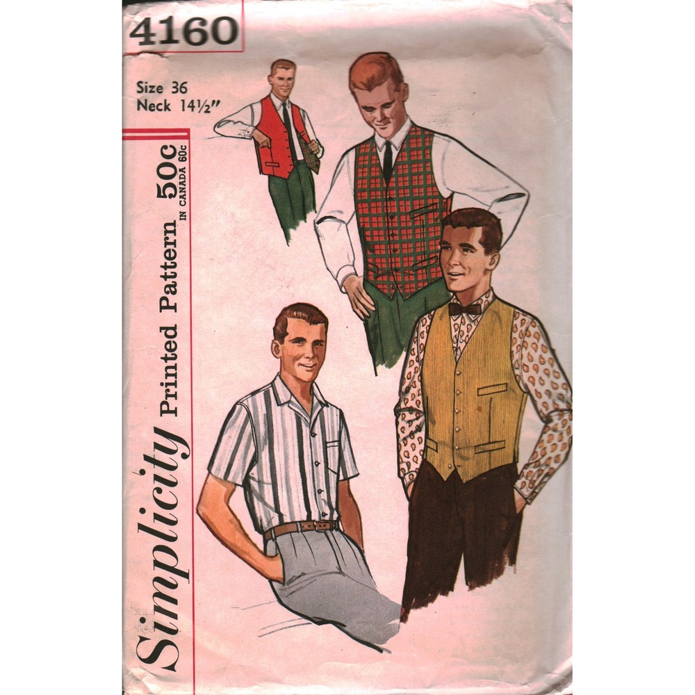 Vintage Simplicity 4160 Mens Vest Waistcoat Sewing Pattern Size 36 Neck 14.5 60s